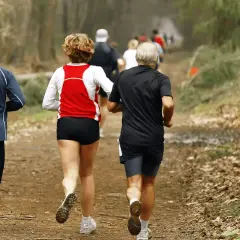Des coureurs sur un sentier forestier, peut-être dans le cadre d'un programme 10km 40min.