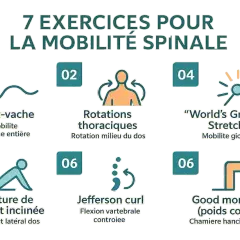 Sept exercices pour la mobilité spinale, incluant le chat-vache, rotations thoraciques, "World's Greatest Stretch", posture de l'enfant inclinée pour un étirement latéral du dos, Jefferson curl et good morning.
