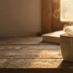 Une tasse de café fumant sur une table en bois, avec un livre et une couverture. Un moment de détente malgré la tendinite.
