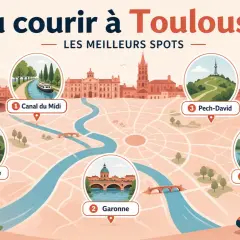 Carte de Toulouse indiquant les meilleurs spots pour courir : Canal du Midi, Garonne, Pech-David, Bouconne et La Ramée.