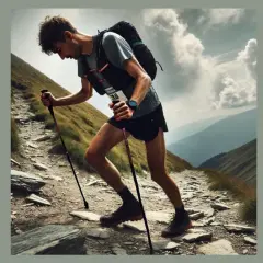 Un coureur en plein effort sur un sentier rocailleux en montagne, bâtons à la main. Un défi de 15 km sans entraînement, l'ascension est rude.