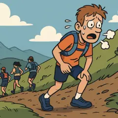 Un jeune homme essoufflé sur un sentier de montagne, tandis que d'autres courent devant. L'actualité du trail est parfois éprouvante !