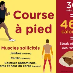 Course à pied : 30 min = 465 calories. L'effort sollicite jambes, cardio, ceinture abdominale, bras et haut du corps.