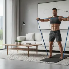 Un homme musclé fait un exercice avec élastique dans son salon moderne. Il se tient sur un tapis de yoga, les bras tendus.
