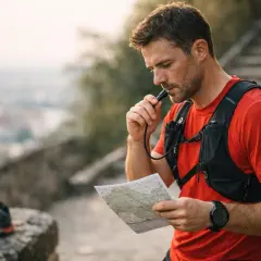 Un coureur consulte sa carte, prêt pour un urban trail à Lyon. Il boit de l'eau en admirant la vue.