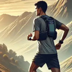 Un homme court en montagne, profitant d'une belle rando course au lever du soleil. Un autre coureur est visible plus loin sur le sentier.
