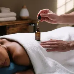 Massage relaxant avec huile pour soulager une crampe. Une main applique des gouttes d'huile sur le dos d'une femme allongée.