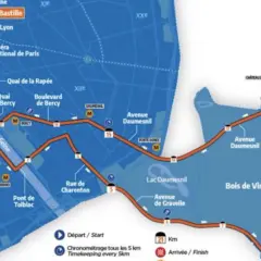 Carte du parcours semi Paris, longeant la Seine, passant par le Bois de Vincennes et le Château de Vincennes. Départ/Arrivée indiqués.