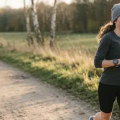 Femme courant dans un paysage rural, se demandant combien de km courir par semaine pour maigrir. La vapeur s'échappe de sa bouche par temps frais.