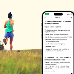 Une coureuse en plein effort, un téléphone affichant un plan d'entraînement trail. Ce plan, conçu pour éviter le syndrome red s, détaille les séances pour optimiser la performance.