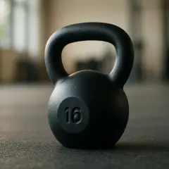 Un kettlebell noir de 16 kg sur un sol de salle de sport, prêt pour un exercice intense.