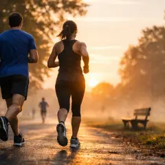 Un couple court chaque jour au lever du soleil dans un parc brumeux, profitant de la nature et de l'exercice.