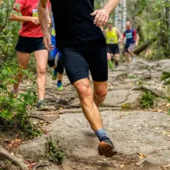 Des coureurs s'élancent sur un sentier rocailleux en pleine forêt. Leurs jambes en pleine action montrent l'effort du running et du jogging.
