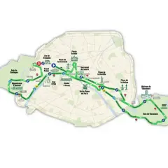Carte du parcours du marathon de Paris, montrant le dénivelé et les monuments traversés, du Bois de Boulogne au Bois de Vincennes.