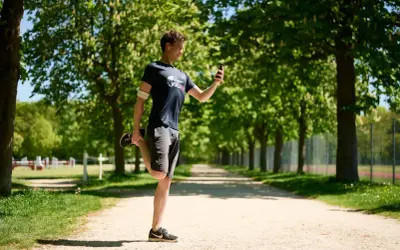 Un homme fait un étirement quadriceps sur un chemin en terre, regardant son téléphone.