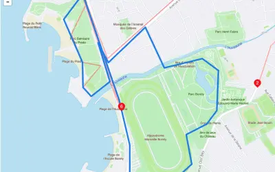 Carte de parcours de course à pied à Marseille, passant par le Parc Borély, l'hippodrome et les plages du Prado. Idéal pour savoir où courir à Marseille.