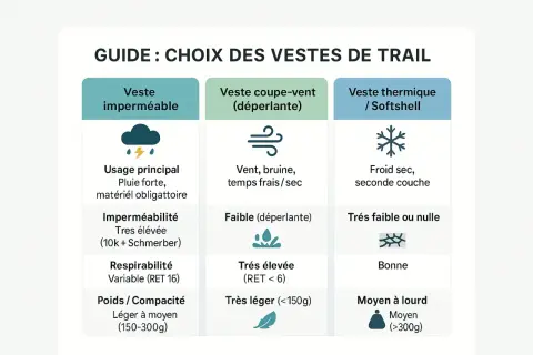 Guide pour choisir une veste de trail : imperméable, coupe-vent ou thermique. Chaque marque de trail propose des options pour toutes conditions.