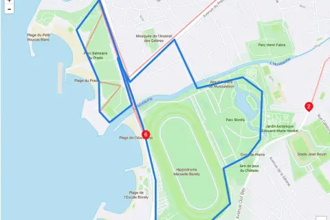 Carte de parcours de course à pied à Marseille, passant par le Parc Borély, l'hippodrome et les plages du Prado. Idéal pour savoir où courir à Marseille.