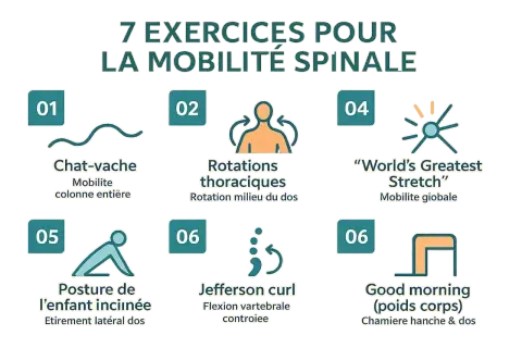 Sept exercices pour la mobilité spinale, incluant le chat-vache, rotations thoraciques, "World's Greatest Stretch", posture de l'enfant inclinée pour un étirement latéral du dos, Jefferson curl et good morning.