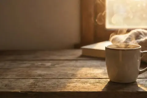 Une tasse de café fumant sur une table en bois, avec un livre et une couverture. Un moment de détente malgré la tendinite.