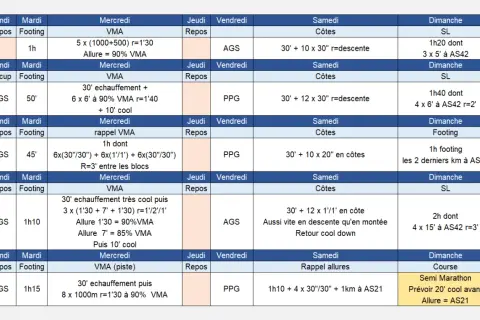 Plan d'entraînement marathon : 5 semaines avec VMA, côtes, PPG et footing. Objectif semi-marathon le dimanche.