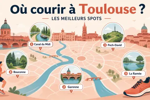 Carte de Toulouse indiquant les meilleurs spots pour courir : Canal du Midi, Garonne, Pech-David, Bouconne et La Ramée.