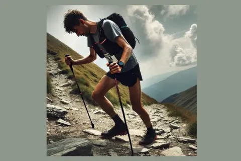 Un coureur en plein effort sur un sentier rocailleux en montagne, bâtons à la main. Un défi de 15 km sans entraînement, l'ascension est rude.