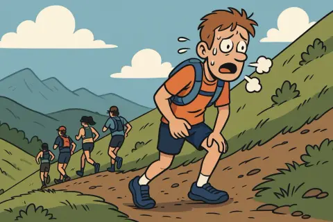 Un jeune homme essoufflé sur un sentier de montagne, tandis que d'autres courent devant. L'actualité du trail est parfois éprouvante !