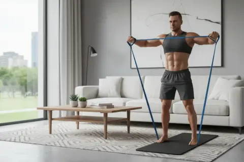 Un homme musclé fait un exercice avec élastique dans son salon moderne. Il se tient sur un tapis de yoga, les bras tendus.