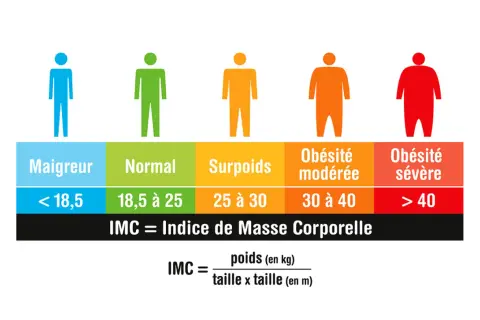Tableau des catégories d'IMC : maigreur, normal, surpoids, obésité modérée et sévère. L'IMC sportif est calculé avec le poids et la taille.
