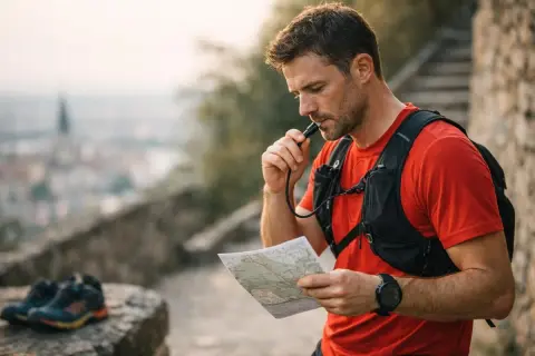 Un coureur consulte sa carte, prêt pour un urban trail à Lyon. Il boit de l'eau en admirant la vue.