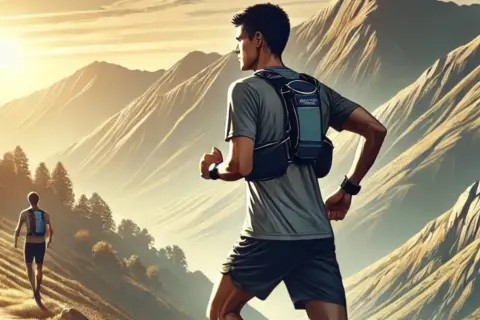 Un homme court en montagne, profitant d'une belle rando course au lever du soleil. Un autre coureur est visible plus loin sur le sentier.
