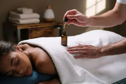 Massage relaxant avec huile pour soulager une crampe. Une main applique des gouttes d'huile sur le dos d'une femme allongée.