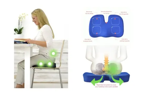 Coussin ergonomique soulageant la douleur au sacrum, avec zones de protection et de répartition du poids.