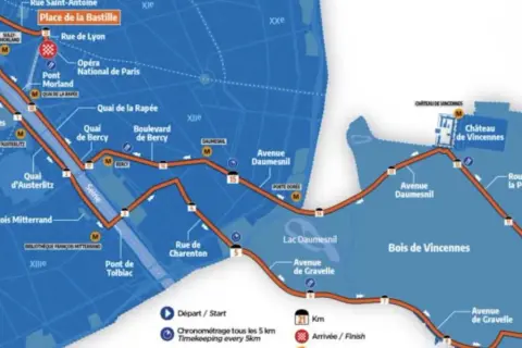 Carte du parcours semi Paris, longeant la Seine, passant par le Bois de Vincennes et le Château de Vincennes. Départ/Arrivée indiqués.