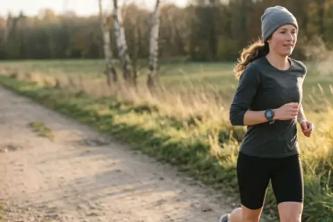 Femme courant dans un paysage rural, se demandant combien de km courir par semaine pour maigrir. La vapeur s'échappe de sa bouche par temps frais.