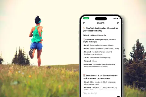 Une coureuse en plein effort, un téléphone affichant un plan d'entraînement trail. Ce plan, conçu pour éviter le syndrome red s, détaille les séances pour optimiser la performance.