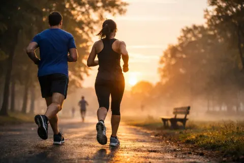 Un couple court chaque jour au lever du soleil dans un parc brumeux, profitant de la nature et de l'exercice.