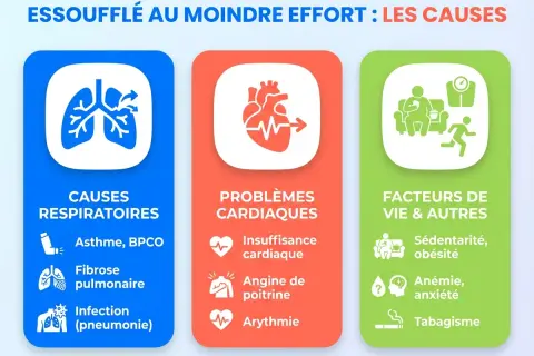 Infographie sur les causes de la dyspnée d'effort : problèmes respiratoires (asthme, fibrose), cardiaques (insuffisance, angine) et facteurs de vie (sédentarité, tabagisme).