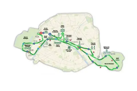Carte du parcours du marathon de Paris, montrant le dénivelé et les monuments traversés, du Bois de Boulogne au Bois de Vincennes.