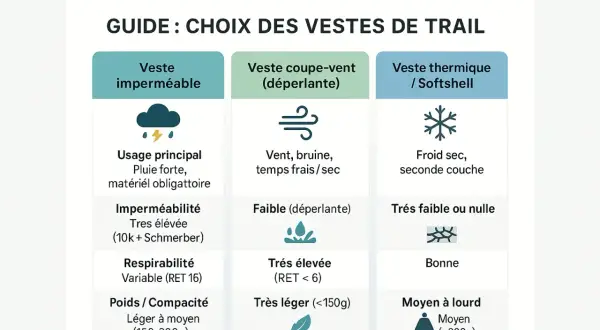 Guide pour choisir une veste de trail : imperméable, coupe-vent ou thermique. Chaque marque de trail propose des options pour toutes conditions.