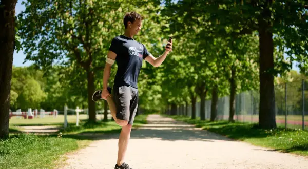 Un homme fait un étirement quadriceps sur un chemin en terre, regardant son téléphone.