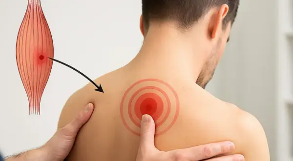 Illustration d'un muscle montrant un trigger point, avec une flèche pointant vers une zone douloureuse sur l'épaule d'un homme.