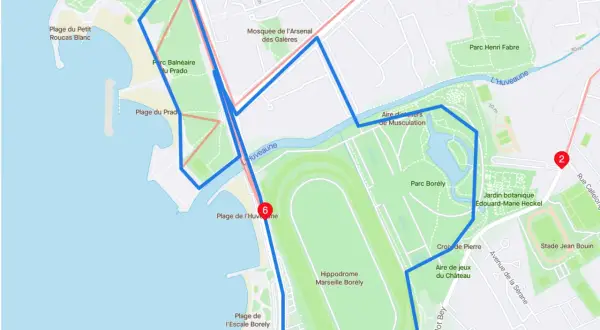 Carte de parcours de course à pied à Marseille, passant par le Parc Borély, l'hippodrome et les plages du Prado. Idéal pour savoir où courir à Marseille.