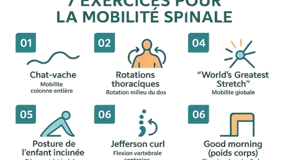 Sept exercices pour la mobilité spinale, incluant le chat-vache, rotations thoraciques, "World's Greatest Stretch", posture de l'enfant inclinée pour un étirement latéral du dos, Jefferson curl et good morning.