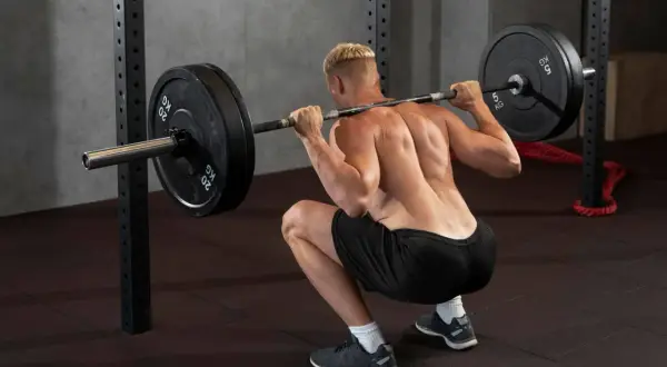 Un homme réalise un squat avec une barre chargée dans une salle de sport. Ce mouvement de squat sport est essentiel pour le développement musculaire.