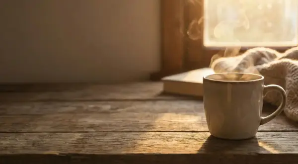 Une tasse de café fumant sur une table en bois, avec un livre et une couverture. Un moment de détente malgré la tendinite.