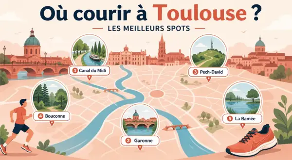 Carte de Toulouse indiquant les meilleurs spots pour courir : Canal du Midi, Garonne, Pech-David, Bouconne et La Ramée.
