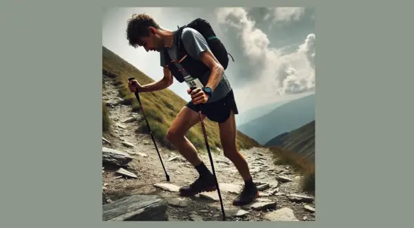 Un coureur en plein effort sur un sentier rocailleux en montagne, bâtons à la main. Un défi de 15 km sans entraînement, l'ascension est rude.