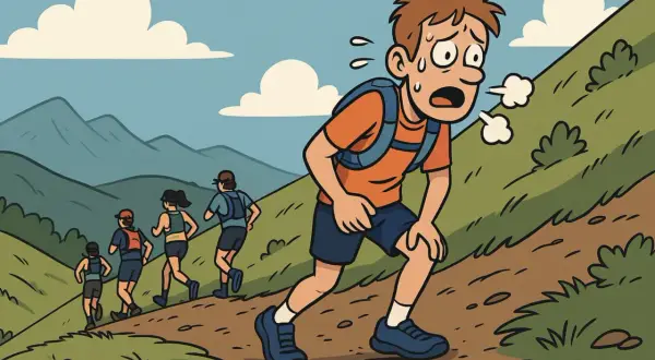 Un jeune homme essoufflé sur un sentier de montagne, tandis que d'autres courent devant. L'actualité du trail est parfois éprouvante !